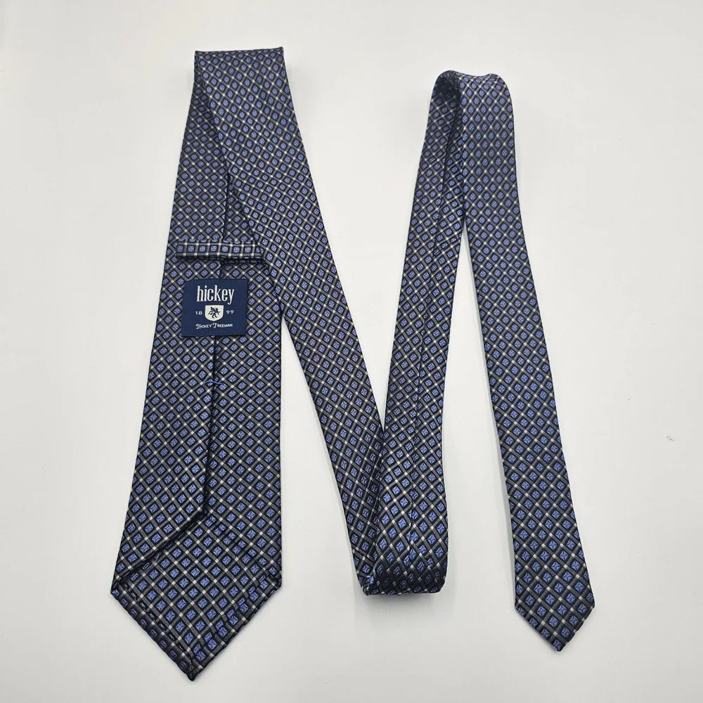 Hickey Freeman Silk‎ Tie Gray Blue Purple Geometric Diamond Square Mens Necktie
